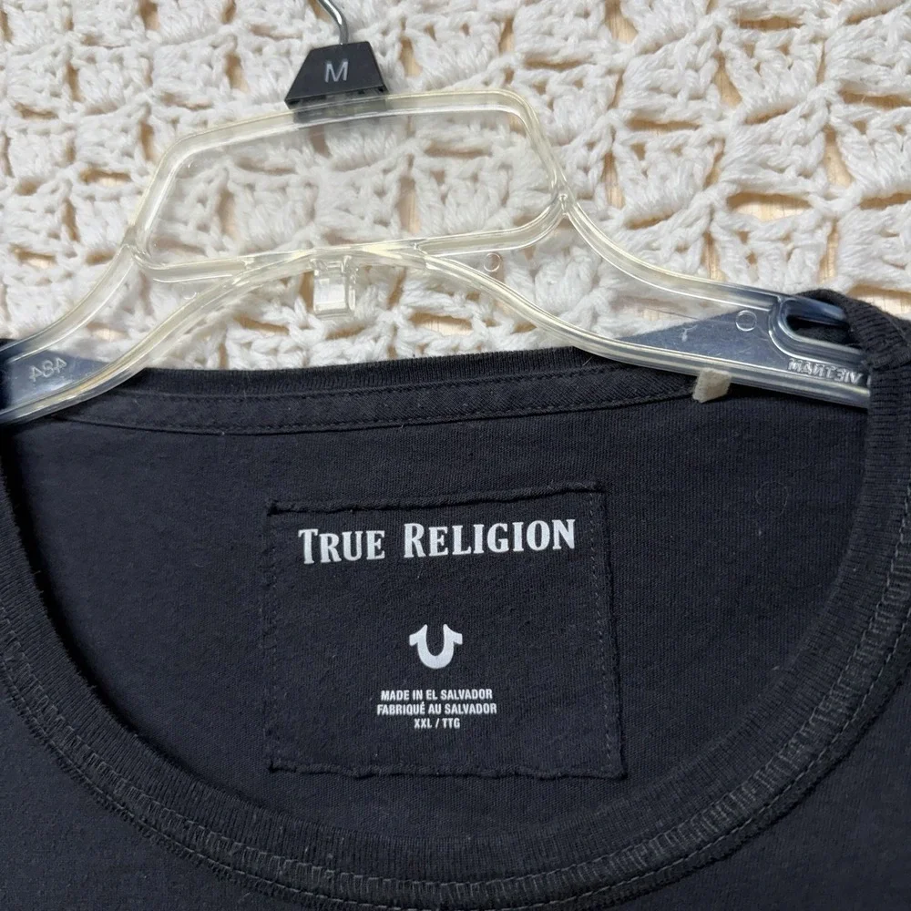 True Religion T-Shirt Mens 2XL Black Cotton White Graphic Short Sleeve Crew Neck